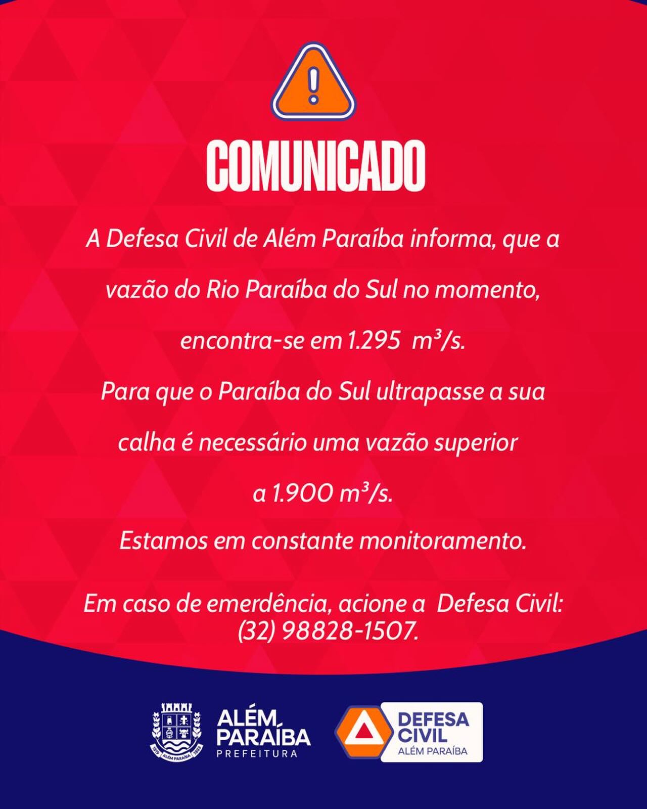 A Prefeitura de Além Paraíba, por meio da Defesa Civil, informa que a vazão do Rio Paraíba do Sul encontra-se atualmente em 1.295 m³/s. Para que o rio ultrapasse sua calha, é necessária uma vazão superior a 1.900 m³/s.

Neste momento, a situação está sob controle, e as equipes seguem em monitoramento constante, acompanhando qualquer alteração no volume do rio.

A orientação é que a população permaneça atenta aos canais oficiais da Prefeitura para novas atualizações e evite compartilhar informações não verificadas.

Em caso de emergência, entre em contato com a Defesa Civil pelo telefone: (32) 98828-1507.