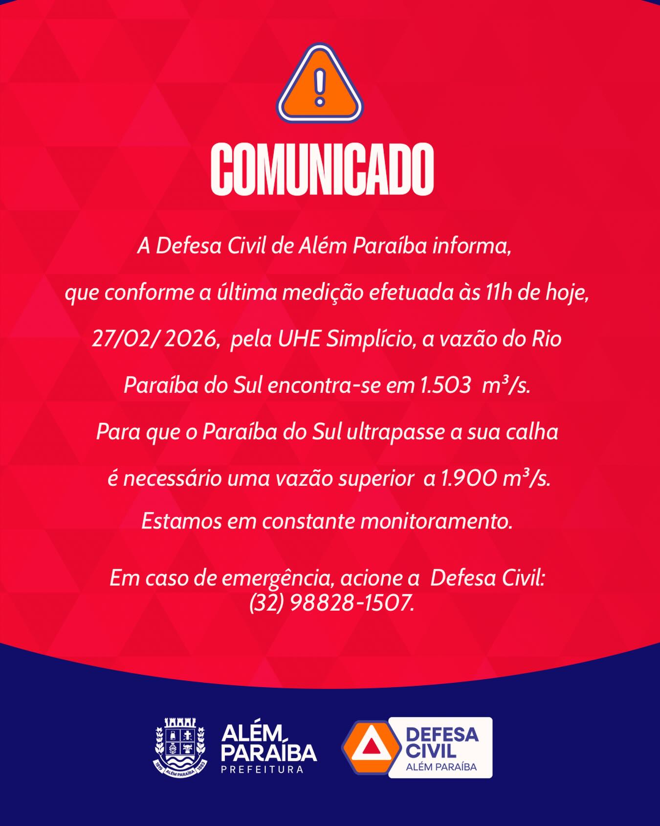 A Prefeitura de Além Paraíba, por meio da Defesa Civil, informa que a vazão do Rio Paraíba do Sul encontra-se atualmente em 1.503 m³/s.

Neste momento, a situação está sob controle, e as equipes seguem em monitoramento constante, acompanhando qualquer alteração no volume do rio.

A orientação é que a população permaneça atenta aos canais oficiais da Prefeitura para novas atualizações e evite compartilhar informações não verificadas.

Em caso de emergência, entre em contato com a Defesa Civil pelo telefone: (32) 98828-1507.