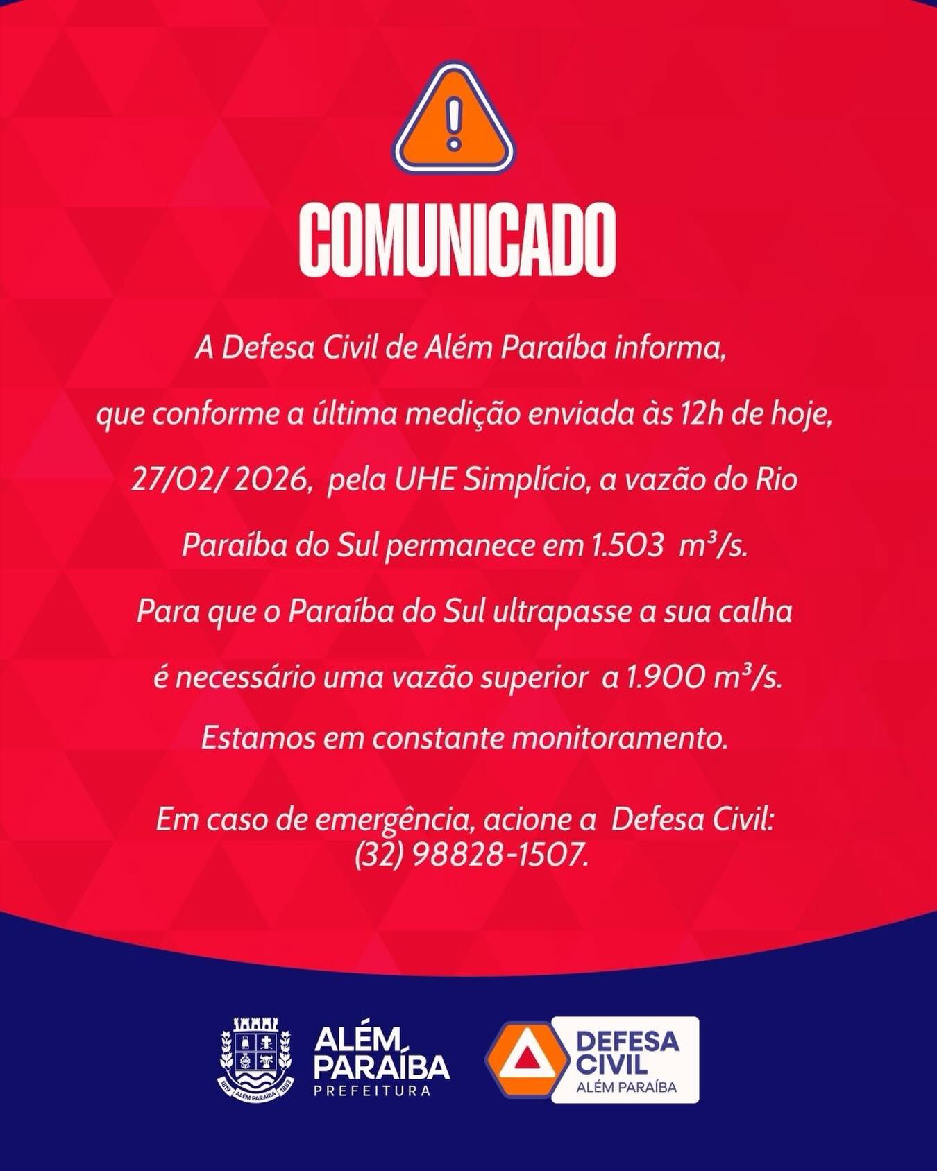 A Prefeitura de Além Paraíba, por meio da Defesa Civil, informa que a vazão do Rio Paraíba do Sul permanece atualmente em 1.503 m³/s.

Em caso de emergência, entre em contato com a Defesa Civil pelo telefone: (32) 98828-1507.