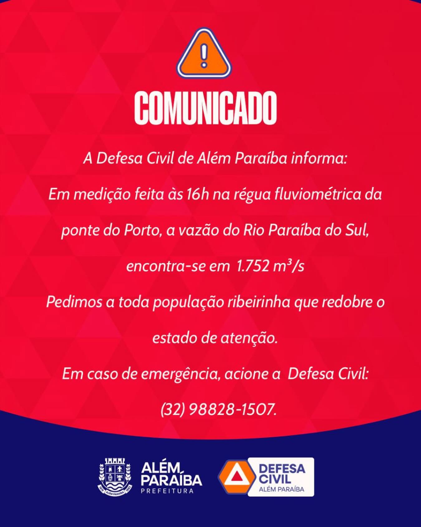 ⚠️ Atualização da vazão do Rio Paraíba do Sul

Conforme medição realizada às 16h na régua fluviométrica da Ponte do Porto, a vazão registra 1.752 m³/s.

A Defesa Civil segue monitorando continuamente a situação e orienta que a população ribeirinha mantenha atenção redobrada.

Novas atualizações serão divulgadas assim que houver alteração nos dados oficiais.

📞 Em caso de emergência: (32) 98828-1507
Defesa Civil de Além Paraíba.