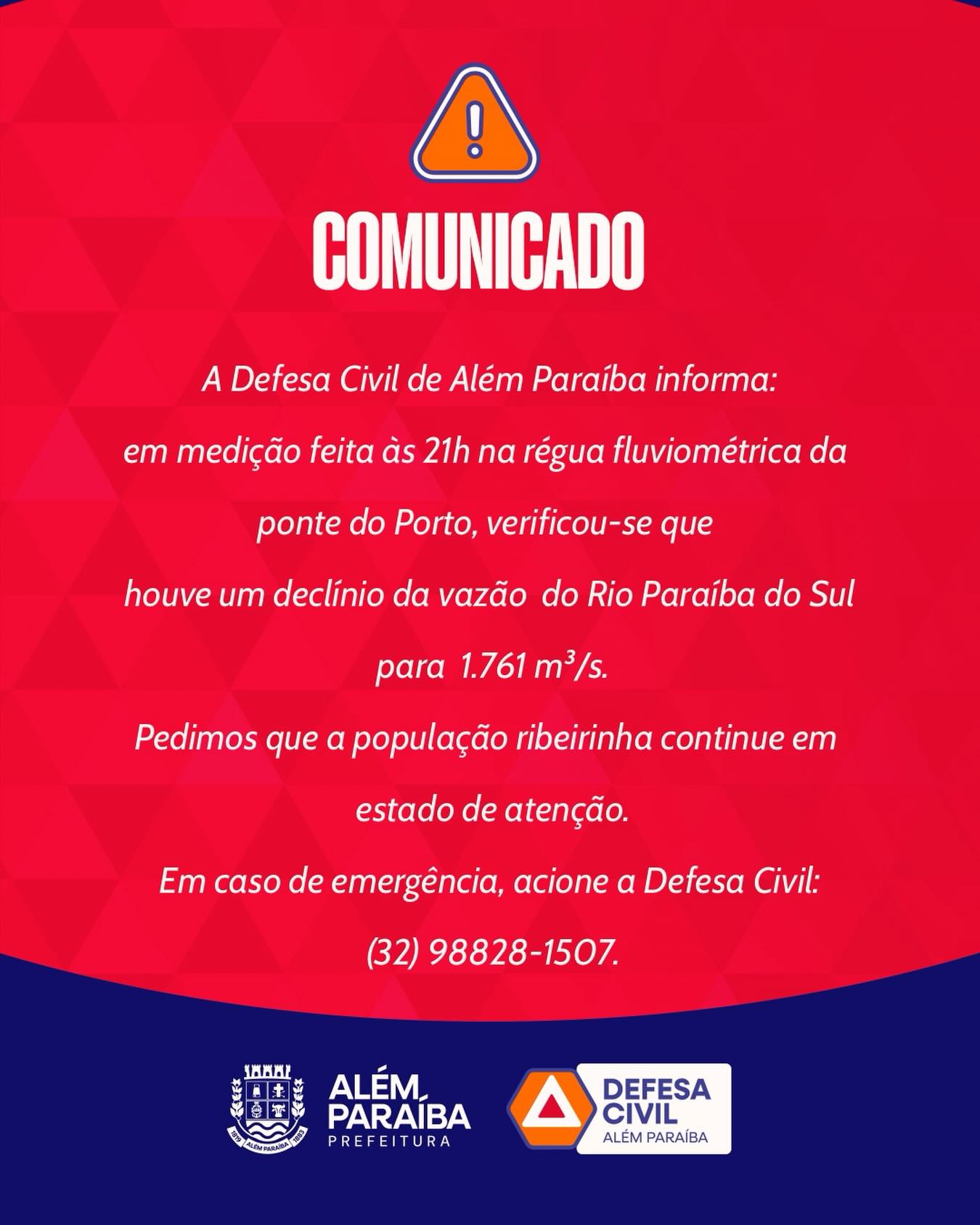 ⚠️ Atualização – 21h

Na medição realizada às 21h na régua da Ponte do Porto, foi registrado declínio na vazão do Rio Paraíba do Sul, que passou para 1.761 m³/s.

A Defesa Civil segue acompanhando a situação de forma contínua.
Apesar da redução, orientamos que a população ribeirinha mantenha atenção e acompanhe apenas as informações oficiais.

📞 Em caso de emergência: (32) 98828-1507
Defesa Civil de Além Paraíba.