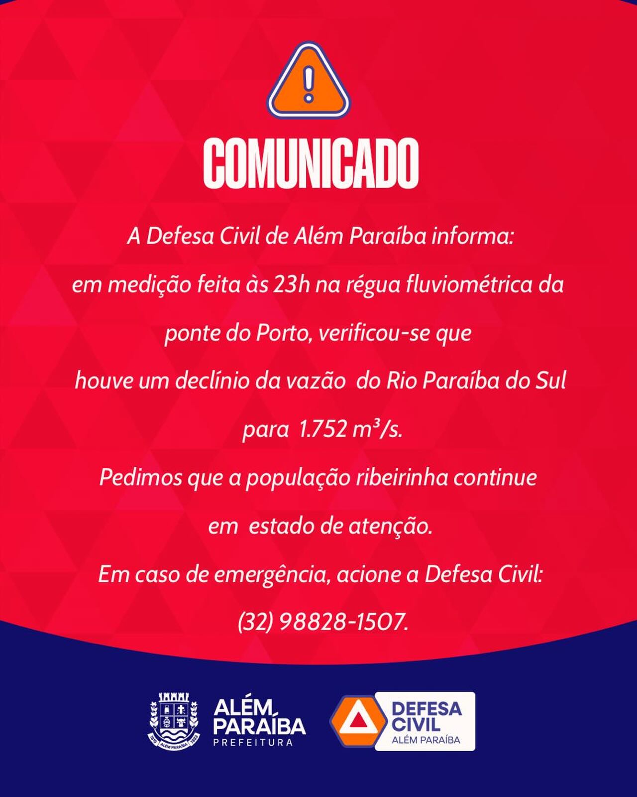 ⚠️ Atualização – 23h

Na medição realizada às 23h na régua da Ponte do Porto, foi registrado declínio na vazão do Rio Paraíba do Sul, que passou para 1.752 m³/s.

A Defesa Civil segue acompanhando a situação de forma contínua.
Apesar da redução, orientamos que a população ribeirinha mantenha atenção e acompanhe apenas as informações oficiais.

📞 Em caso de emergência: (32) 98828-1507
Defesa Civil de Além Paraíba.