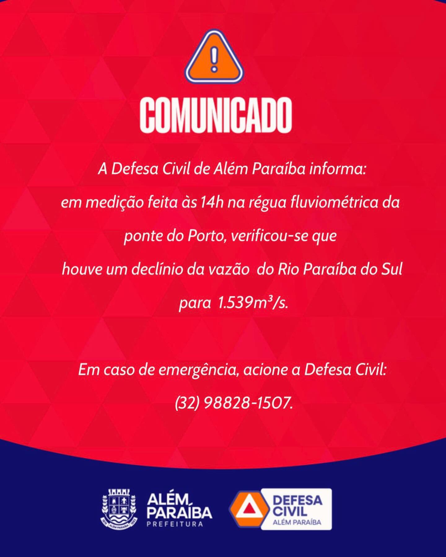 ⚠️ Atualização – 14h

Na medição realizada às 14h na régua da Ponte do Porto, foi registrado declínio na vazão do Rio Paraíba do Sul, que passou para 1.539 m³/s.

A Defesa Civil segue acompanhando a situação de forma contínua.
Apesar da redução, orientamos que a população ribeirinha mantenha atenção e acompanhe as informações oficiais.

📞 Em caso de emergência: (32) 98828-1507
Defesa Civil de Além Paraíba.