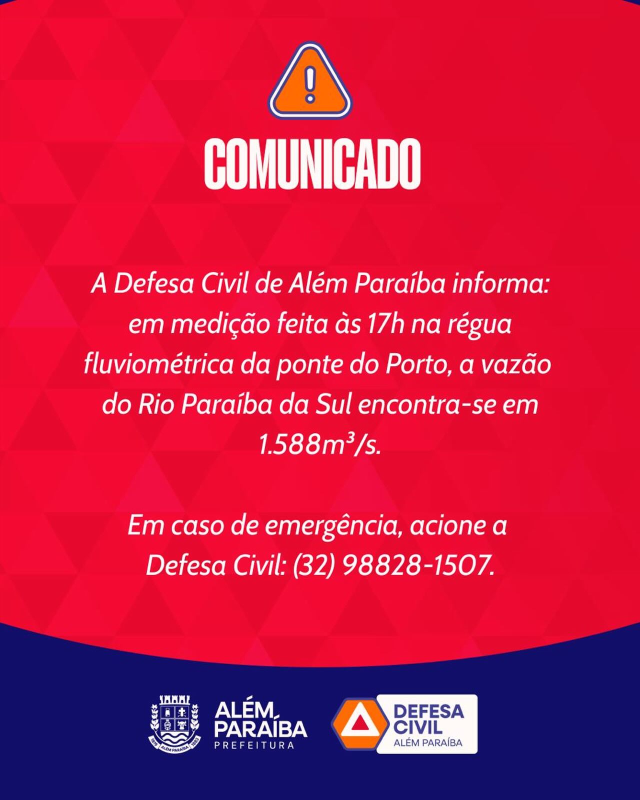 ⚠️ Atualização – 17h

Na medição realizada às 17h na régua da Ponte do Porto, foi registrado declínio na vazão do Rio Paraíba do Sul, que passou para 1.588 m³/s.

A Defesa Civil segue acompanhando a situação de forma contínua.

Obs: As pequenas variações na vazão do Rio Paraíba do Sul são decorrentes de manobras de Operação e também de estabilização dos niveis dia reservatórios na UHE  Simplício e PCH ANTA.
Não sendo passíveis de alarme para a população.

📞 Em caso de emergência: (32) 98828-1507
Defesa Civil de Além Paraíba.