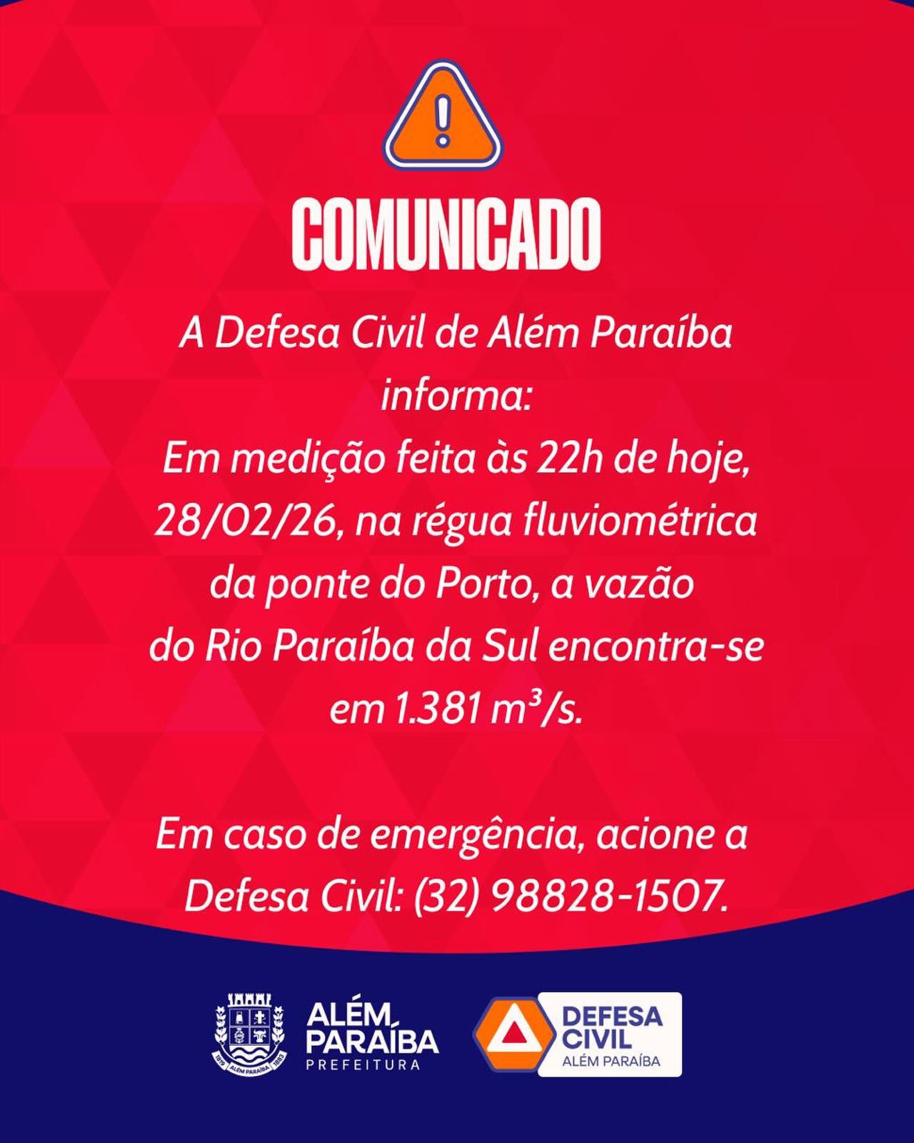 Atualização – 22h

Na medição realizada às 22h na régua da Ponte do Porto, foi registrado declínio na vazão do Rio Paraíba do Sul, que passou para 1.381 m³/s.

A Defesa Civil segue acompanhando a situação de forma contínua.
Apesar da redução, orientamos que a população ribeirinha mantenha atenção e acompanhe as informações oficiais.

📞 Em caso de emergência: (32) 98828-1507
Defesa Civil de Além Paraíba.
