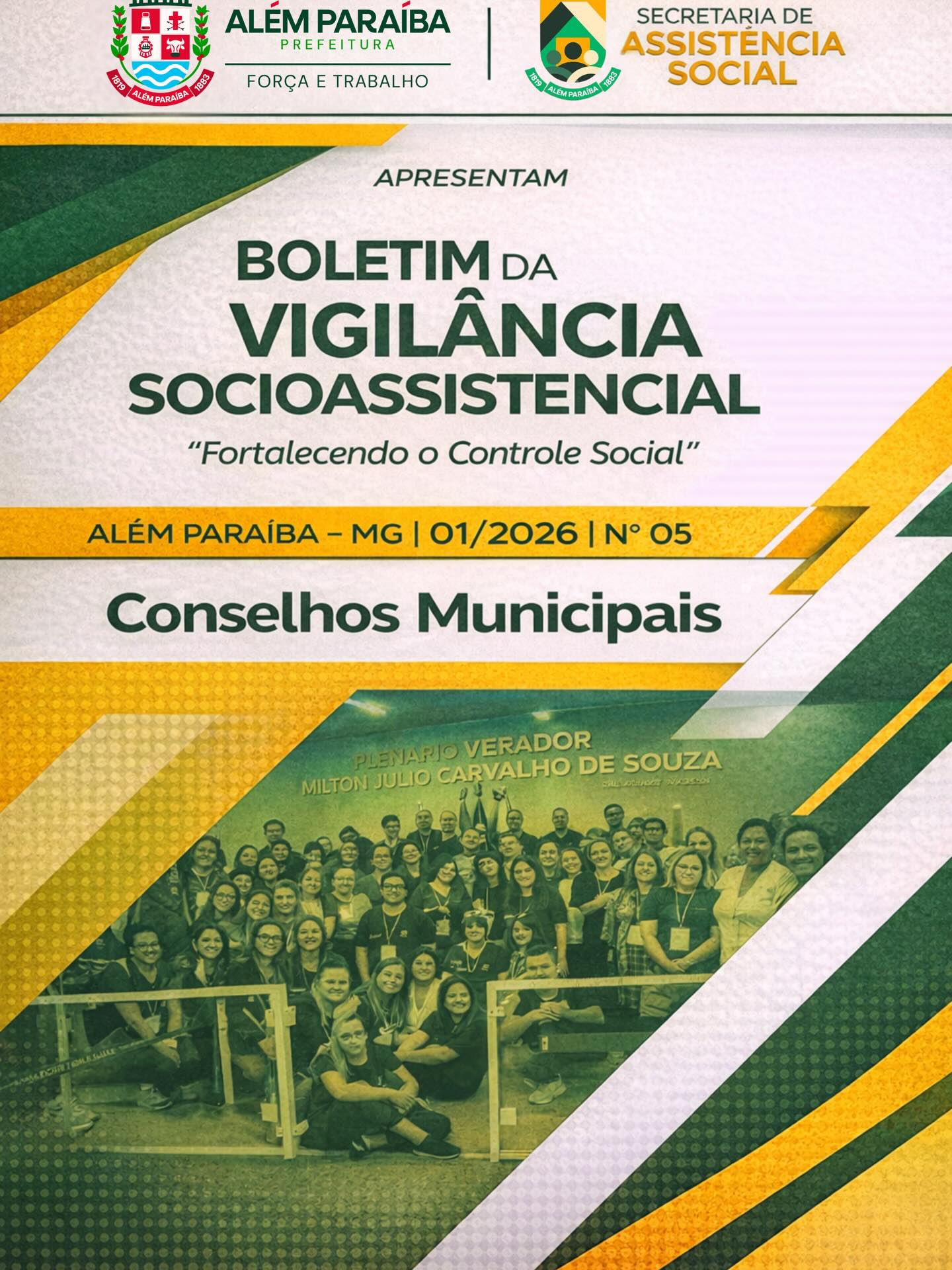 Já está disponível a 5ª edição do Boletim da Vigilância Socioassistencial de Além Paraíba.

Com o tema “Fortalecendo o Controle Social”, esta edição destaca a importância dos Conselhos Municipais como instrumentos fundamentais de participação da população na formulação, acompanhamento e fiscalização das políticas públicas.

Nesta edição, você confere informações sobre os Conselhos vinculados à Secretaria Municipal de Assistência Social, com destaque para o CMAS, Conselho Municipal de Assistência Social, principal instância de controle social no município.