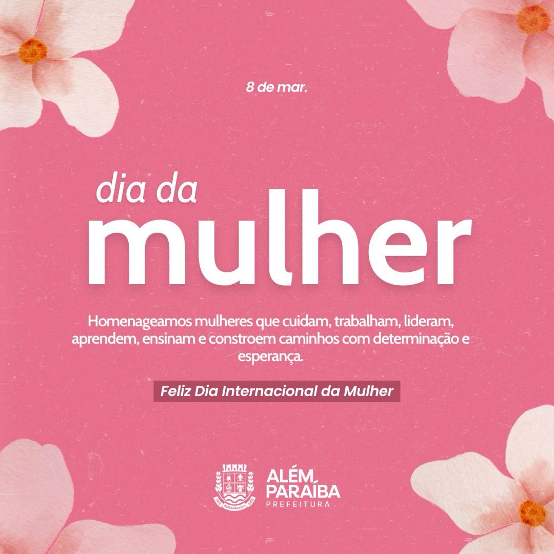 🌸8 de março | Dia Internacional da Mulher

Hoje celebramos a força, a dedicação e a coragem das mulheres que fazem a diferença todos os dias em nossa sociedade. Mulheres que cuidam, trabalham, lideram, aprendem, ensinam e constroem caminhos com determinação e esperança.

A Prefeitura de Além Paraíba homenageia todas as mulheres do nosso município, reconhecendo suas conquistas, sua importância e seu papel fundamental na construção de uma cidade cada vez melhor e mais justa.

💐 Feliz Dia Internacional da Mulher!