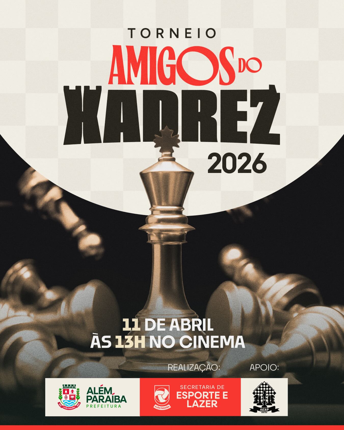 Secretaria de Esporte e Lazer e Associação de Enxadristas de Além Paraíba realizarão Torneio de Xadrez

Com realização da Secretaria de Esporte e Lazer e apoio da Associação de Enxadristas de Além Paraíba será realizado no próximo dia 11/04/2026 (sábado), o Torneio Amigos do Xadrez de Além Paraíba - TAXADRAP 2026.

O torneio será realizado na Galeria do Cine Teatro Brasil, a partir das 13 horas.

Haverá premiação para os 05 primeiros lugares das categorias Geral, Sub-17 e Feminino. 

O Taxadrap inicia uma nova fase no xadrez alemparaibano e abre a temporada que a AEAP completa 25 anos de fundação.

Inscrições e maiores informações nas redes sociais da AEAP, no perfil @aeapxadrez no Instagram e no Facebook.

#Xadrez #alemparaiba #MG #torneio