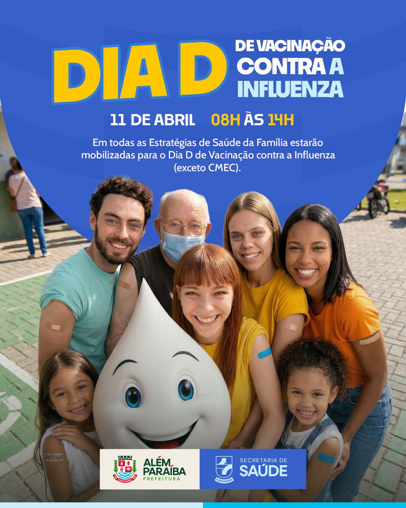 DIA D DE VACINAÇÃO CONTRA A INFLUENZA

Atenção, população! Chegou o momento de cuidar da sua saúde e de quem você ama.

No dia 11/04/2026 (sábado), das 08h às 14h, acontecerá o Dia D de Vacinação contra a Influenza em todas as Estratégias de Saúde da Família (exceto CMEC).

Grupos prioritários:
Crianças de 6 meses a menores de 6 anos
Gestantes
Idosos maiores de 60 anos
Puérperas
Povos indígenas
Quilombolas
Pessoas em situação de rua
Trabalhadores da saúde
Professores do ensino básico e superior
Profissionais das forças de segurança e salvamento
Profissionais das forças armadas
Pessoas com deficiência permanente
Caminhoneiros
Trabalhadores do transporte coletivo
Trabalhadores portuários
Trabalhadores dos Correios
População privada de liberdade e funcionários do sistema
Pessoas com doenças crônicas não transmissíveis

Aproveite também para atualizar o seu cartão de vacinação.
Se houver alguma vacina em atraso, procure a unidade de saúde mais próxima.

Vacinar é um ato de cuidado, proteção e responsabilidade coletiva.

Compareça, leve seu cartão de vacina e um documento.

Esperamos por você. Sua saúde em dia faz toda a diferença.