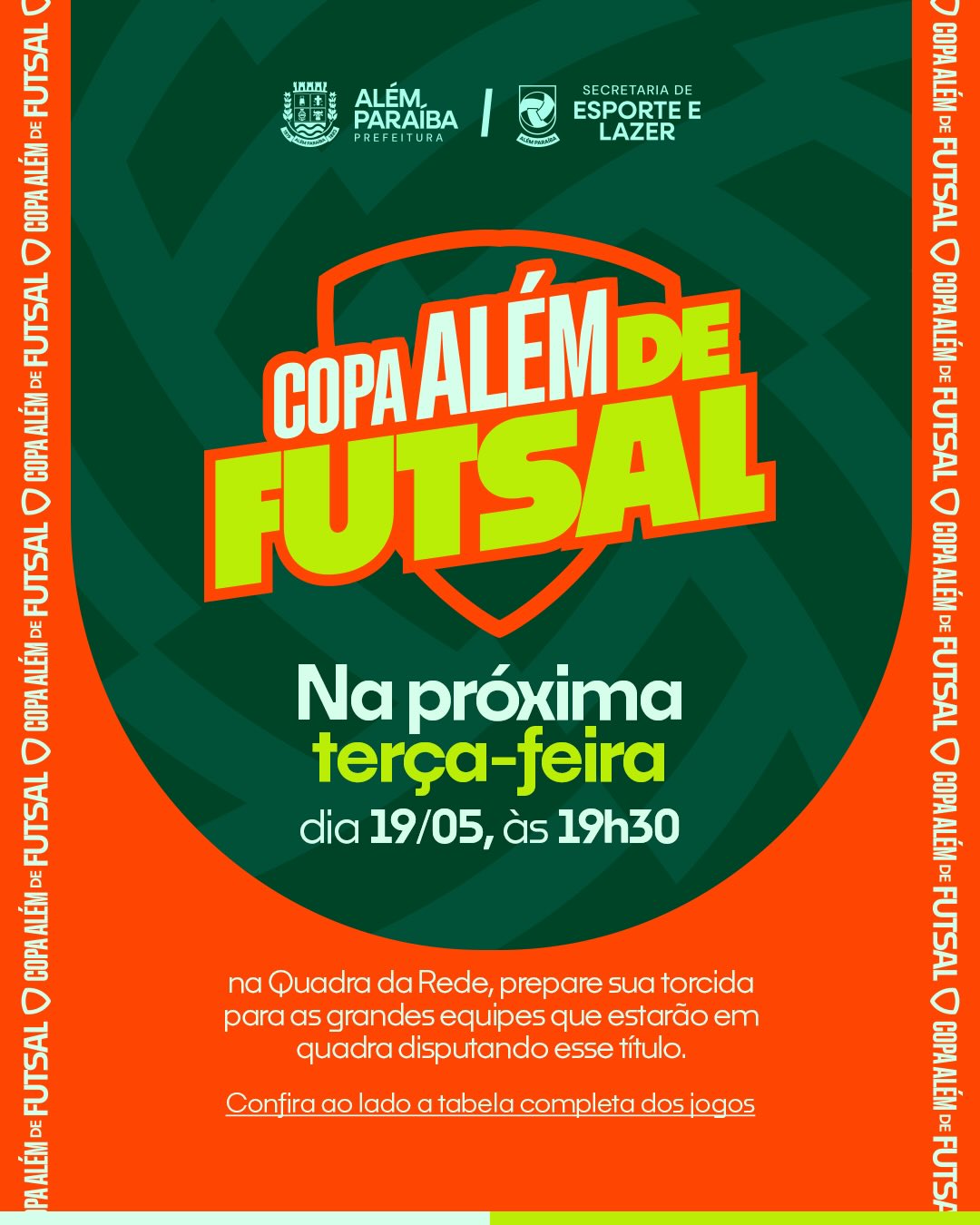 A Prefeitura de Além Paraíba, por meio da Secretaria Municipal de Esporte e Lazer, promove a Copa Além de Futsal, iniciativa que tem como objetivo fortalecer o esporte no município, incentivar a participação das equipes locais e proporcionar momentos de integração entre atletas e comunidade.

A competição será disputada em formato de grupos, com jogos distribuídos ao longo das rodadas classificatórias, seguidos pelas fases eliminatórias até a grande final. As partidas terão início no dia 19 de maio, na Quadra da Rede, reunindo equipes que representam diferentes segmentos da cidade.

Ao longo do torneio, a expectativa é de jogos equilibrados e grande participação do público, valorizando o esporte como ferramenta de inclusão, convivência e desenvolvimento social.

A programação completa com datas, horários e confrontos já está definida e pode ser conferida nesta publicação.