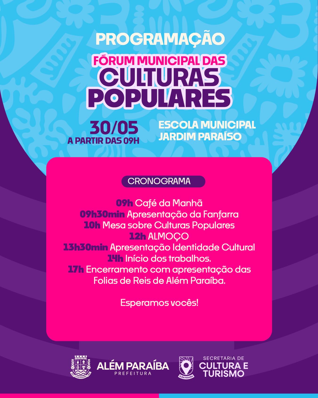 A Prefeitura de Além Paraíba, por meio da Secretaria Municipal de Cultura e Turismo, realizará no próximo dia 30 de maio o Fórum Municipal das Culturas Populares, um encontro voltado à valorização das manifestações culturais tradicionais e ao fortalecimento da identidade cultural do município.

O evento acontecerá na Escola Municipal Jardim Paraíso, a partir das 9h, reunindo representantes culturais, artistas, grupos tradicionais e a comunidade em uma programação dedicada ao diálogo, à troca de experiências e à celebração das culturas populares.

A programação contará com café da manhã de recepção, apresentação da fanfarra, mesa de debate sobre culturas populares, apresentações de identidade cultural e encerramento com apresentação das Folias de Reis de Além Paraíba, reconhecendo a importância dessas expressões na preservação da memória e das tradições locais.

A iniciativa reforça o compromisso da administração municipal com o incentivo à cultura, à participação popular e à valorização das raízes culturais além-paraibanas.