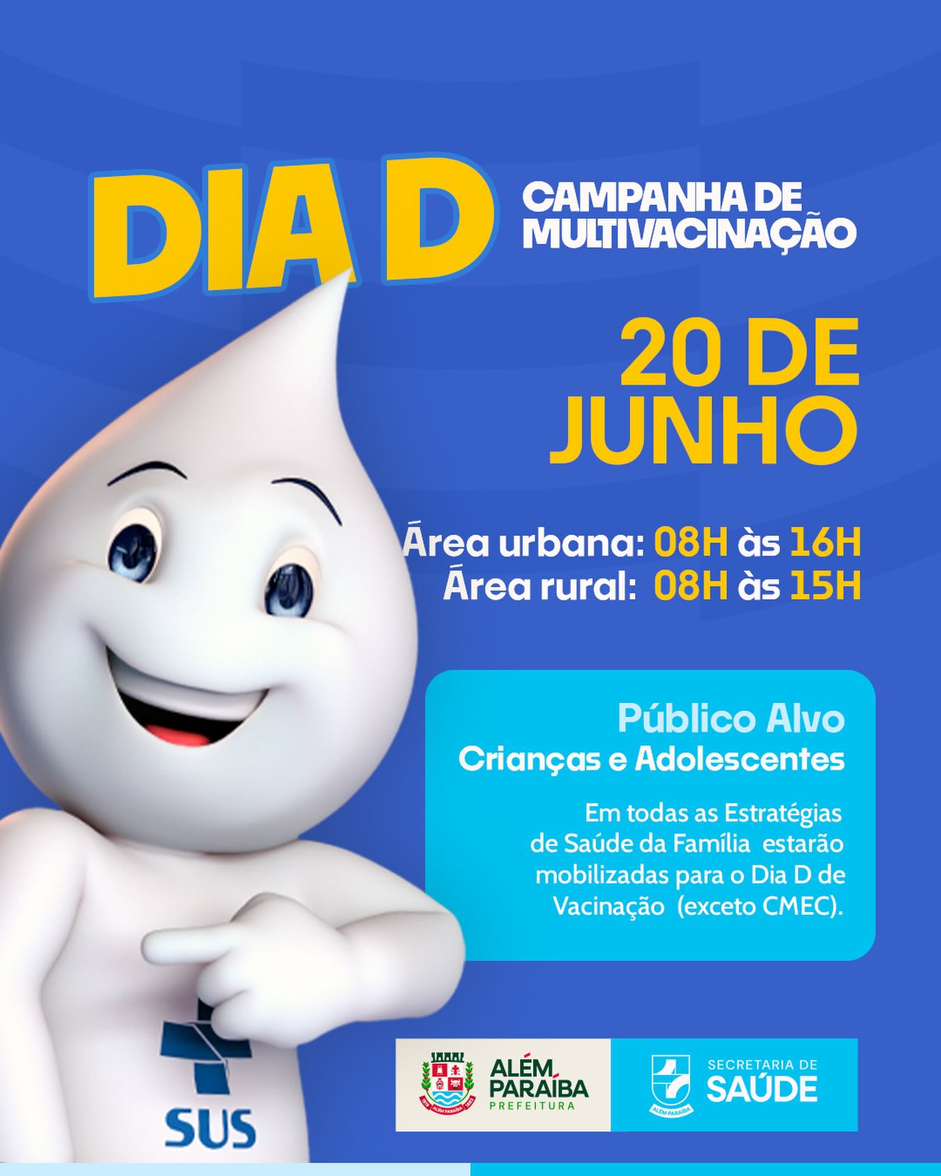 A Prefeitura Municipal de Além Paraíba, em parceria com a Secretaria Municipal de Saúde de Além Paraíba, informa à população que no dia 20 de junho (sábado) será realizado o Dia D da Campanha de Multivacinação em todas as Estratégias de Saúde da Família, exceto no CMEC. 💉

🕗 Horários de atendimento:
• Área urbana: das 08h às 16h
• Área rural: das 08h às 15h

Público Alvo: Crianças e Adolescentes 

A vacinação é essencial para proteger a saúde de todos e manter a caderneta em dia. Procure a unidade de saúde mais próxima e participe dessa mobilização! 💙

⚠️ Leve:
✔️ Cartão de vacina
✔️ Cartão do SUS
✔️ Documento
