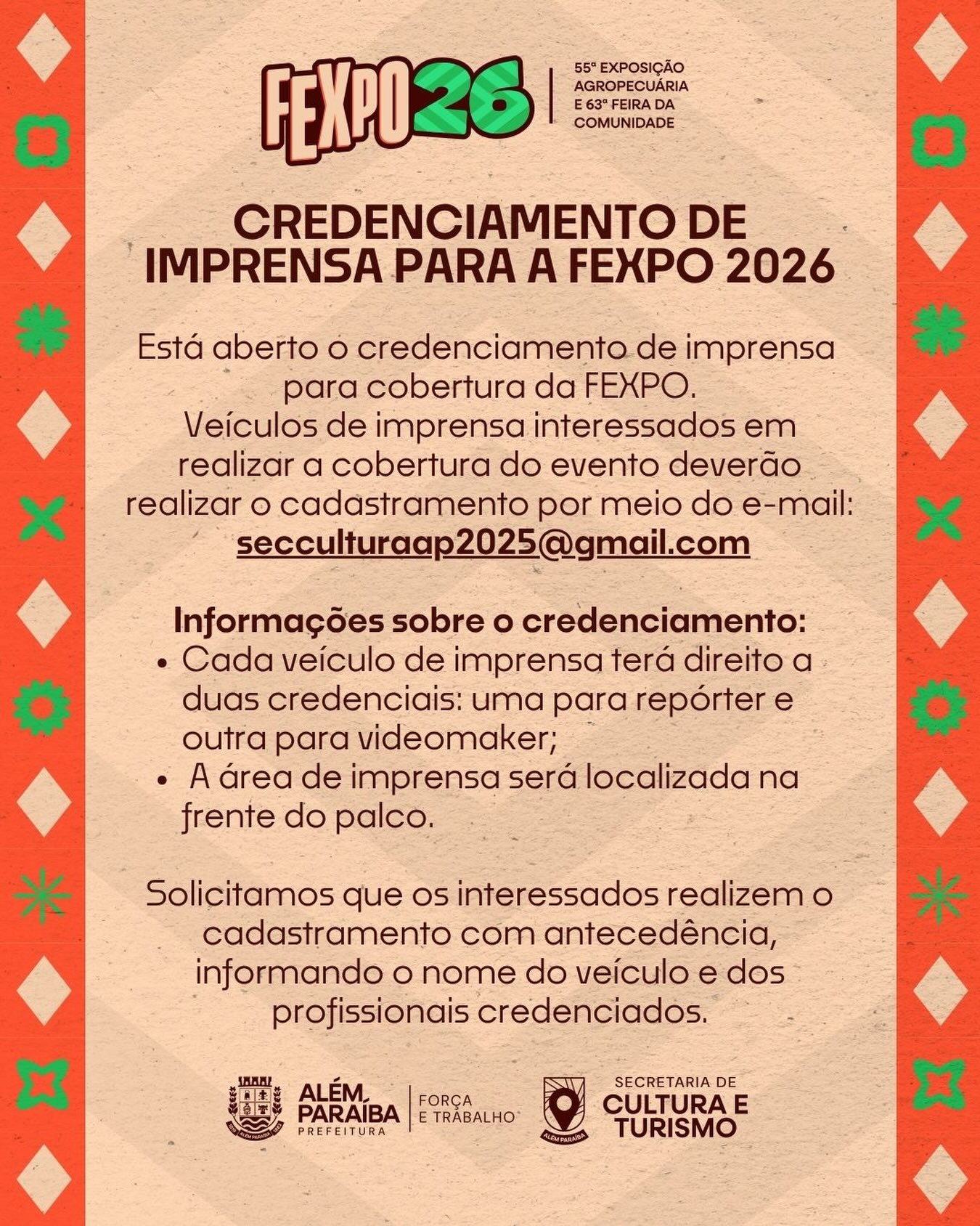 CREDENCIAMENTO DE IMPRENSA – FEXPO 2026

Está aberto o credenciamento de imprensa para cobertura da 55ª Exposição Agropecuária e 63ª Feira da Comunidade (FEXPO 2026).

Veículos de imprensa interessados em realizar a cobertura do evento devem realizar o cadastramento por meio do e-mail informado no card.

Informações sobre o credenciamento:
🔹 Cada veículo terá direito a duas credenciais: uma para repórter e outra para videomaker;
🔹 A área de imprensa será localizada em frente ao palco.

Solicitamos que os interessados realizem o cadastramento com antecedência, informando o nome do veículo e dos profissionais credenciados.