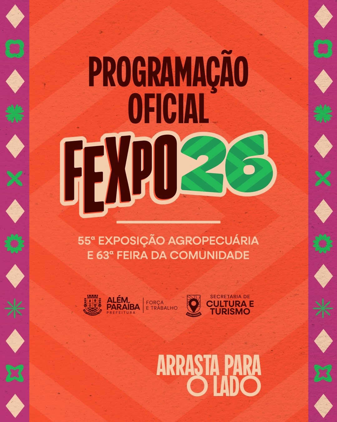 A começa FEXPO 2026 começa hoje e fiquem ligados na nossa programação oficial!🎡🎶

Serão dias de música, cultura, tradição, lazer e muita diversão para toda a família. Uma festa preparada para reunir a nossa gente e celebrar mais uma edição da 55ª Exposição Agropecuária e 63ª Feira da Comunidade.

Arraste para o lado, confira todos os horários e atrações e programe-se para viver cada momento dessa grande festa de Além Paraíba.

Esperamos por você na FEXPO 2026! 💚