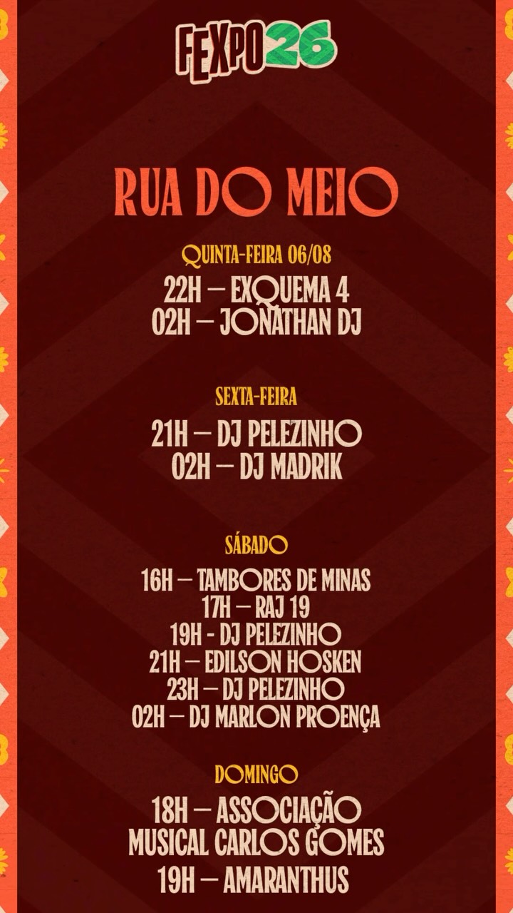 A Rua do Meio promete agitar as noites da FEXPO 2026 com uma programação musical completa, reunindo DJs, bandas e atrações locais para animar todos os dias de festa!

De quinta a domingo, o público vai poder curtir muito ritmo e diversidade musical em diferentes horários, com atrações para todos os gostos.

📌 Confira a programação completa no card a seguir e não perca nenhum detalhe!