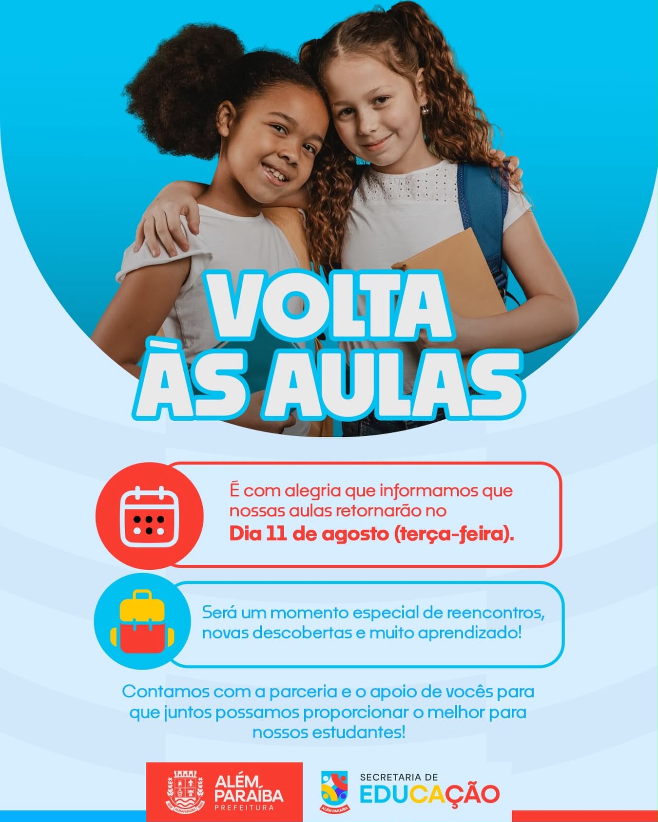 VOLTA ÀS AULAS! 

É com muita alegria que anunciamos: nossas aulas retornam na terça-feira, dia 11 de agosto! 

Um novo momento chega repleto de reencontros, novas amizades, descobertas e muito aprendizado pela frente! 
Vamos juntos construir um ano letivo incrível! 

#VoltaÀsAulas #AlémParaíba #SecretariaDeEducação #Educação