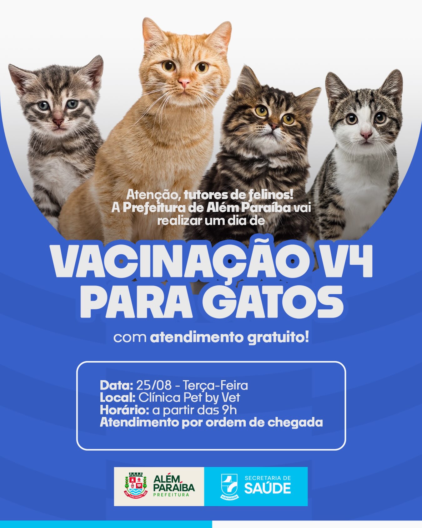VACINAÇÃO V4 PARA GATOS — GRATUITA! 

A Prefeitura de Além Paraíba, por meio da Secretaria de Saúde, vai realizar mais um dia de vacinação V4 para gatos com atendimento totalmente gratuito!

📅 Data: 25/08 Terça-feira
📍 Local: Clínica Pet by Vet
🕘 Horário: a partir das 9h
⚠️ Atendimento por ordem de chegada

Cuidar da saúde do seu gato é um ato de amor. Não perca! 💙

#vacinaçãofelina #alemparaiba #saúdeanimal #cuidedoseupet