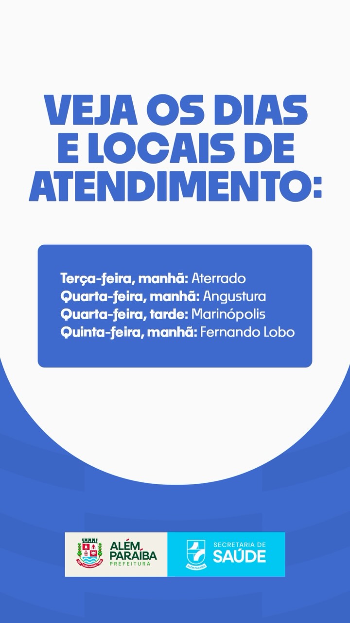 ATENDIMENTO PEDIÁTRICO NA ZONA RURAL

A Prefeitura Municipal de Além Paraíba, por meio da Secretaria Municipal de Saúde, informa que a saúde das crianças da zona rural ganhou um importante reforço: as Estratégias de Saúde da Família (ESF) da zona rural passam a contar com atendimento pediátrico.

Confira os dias e locais de atendimento:

📍 Aterrado — Terça-feira, manhã
📍 Angustura — Quarta-feira, manhã
📍 Marinópolis — Quarta-feira, tarde
📍 Fernando Lobo — Quinta-feira, manhã

Esta iniciativa reafirma o compromisso da administração municipal em ampliar o acesso à saúde de qualidade para todas as famílias, aproximando o atendimento especializado das comunidades rurais.

Cuidando de quem mais importa: nossas crianças.