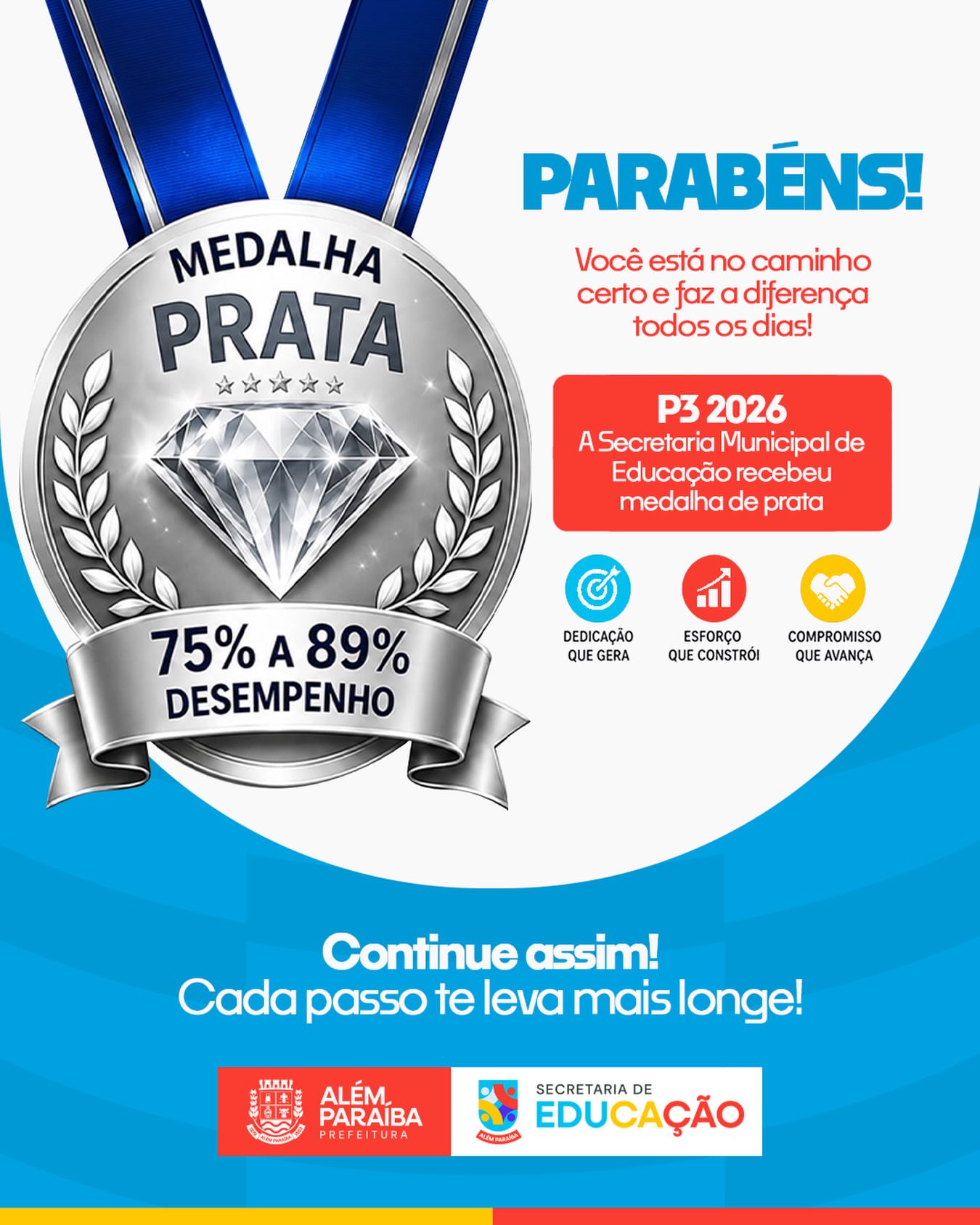 Secretaria Municipal de Educação recebe Medalha de Prata por desempenho no P3 2026.

A Prefeitura de Além Paraíba parabeniza a Secretaria Municipal de Educação pela conquista da Medalha de Prata no P3 2026, reconhecimento concedido pelo desempenho alcançado, com resultado entre 75% e 89%.

A conquista reflete o compromisso, a dedicação e o esforço diário das equipes envolvidas na construção de uma educação pública cada vez mais fortalecida, organizada e comprometida com o avanço dos estudantes.

Este resultado representa um importante incentivo para que o trabalho continue sendo desenvolvido com responsabilidade, planejamento e foco na melhoria contínua da aprendizagem.