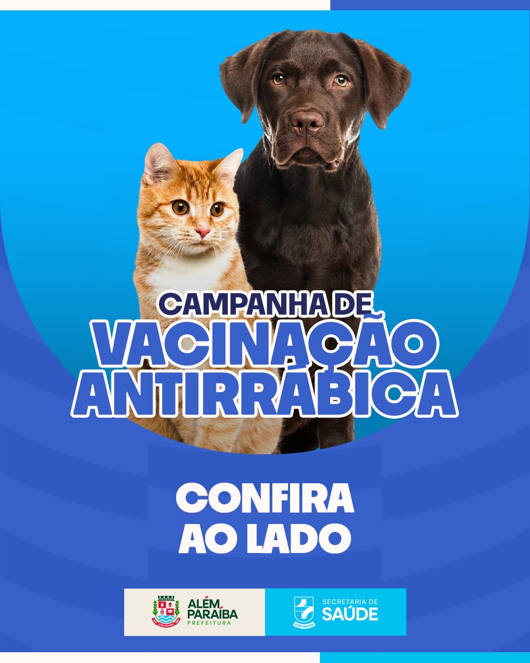 A Prefeitura Municipal de Além Paraíba, por meio da Secretaria Municipal de Saúde, dá início à Campanha de Vacinação Antirrábica para cães e gatos, com atendimento gratuito em pontos estratégicos das zonas urbana e rural.

Confira no carrossel o cronograma completo, com datas, horários e locais de atendimento em seu bairro ou comunidade.

A vacinação antirrábica é fundamental para a proteção da saúde animal e da população. Não perca a data do seu bairro!

#vacinaçãoantirrábica #alémparaíba #saúdeanimal #secretariadesaude