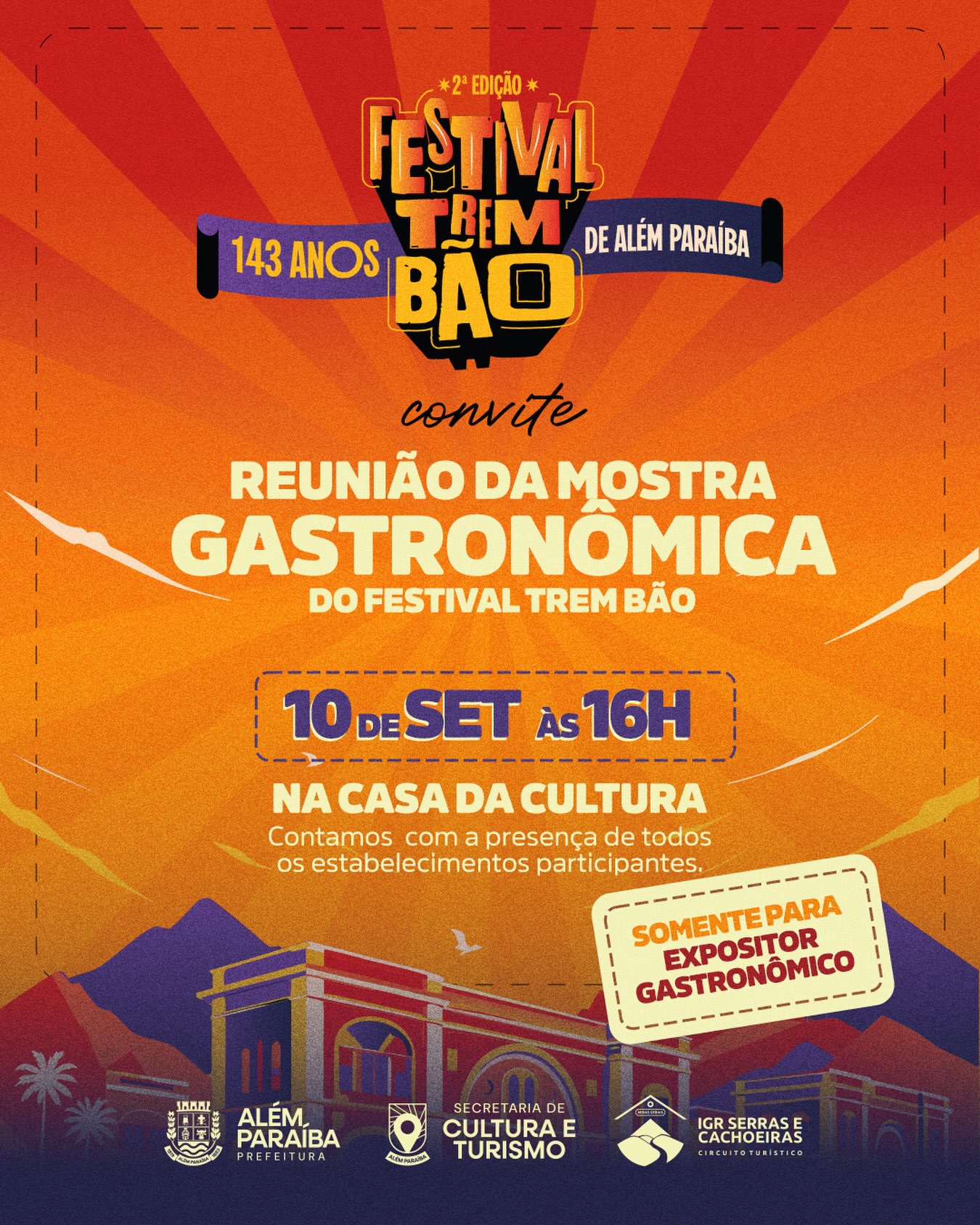 Reunião da mostra gastronômica — Festival Trem Bão

Você tem restaurante, lanchonete, padaria ou outro negócio gastronômico em Além Paraíba? Esta é para você!
A Secretaria de Cultura e Turismo convida todos os estabelecimentos interessados em participar da Mostra Gastronômica da 2ª edição do Festival Trem Bão para uma reunião de alinhamento.

📅 Data: 10 de setembro
🕓 Horário: 16h
📍 Local: Casa da Cultura
⚠️ Reunião exclusiva para expositores gastronômicos.

Contamos com a presença de todos os estabelecimentos participantes! 
Vamos juntos construir um dos momentos mais esperados da nossa cidade.

#festivaltrembão #alemparaíba #culturaeturismo #mostragastronomica
