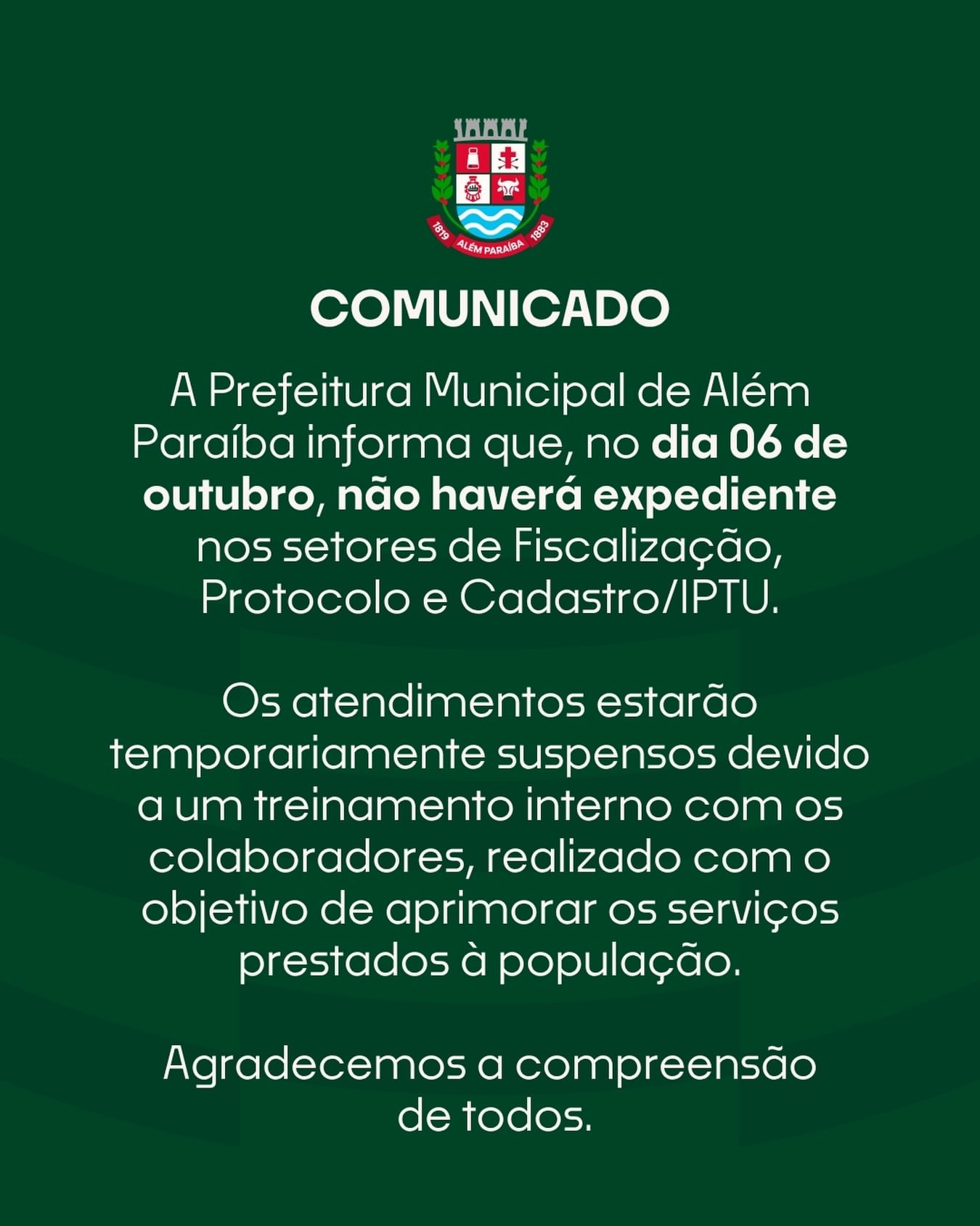 Suspensão temporária de atendimento

A Prefeitura Municipal de Além Paraíba informa que, no dia 06 de outubro, não haverá expediente nos setores de Fiscalização, Protocolo e Cadastro/IPTU.
Os atendimentos estarão temporariamente suspensos devido a um treinamento interno com os colaboradores, realizado com o objetivo de aprimorar os serviços prestados à população.

Agradecemos a compreensão de todos.