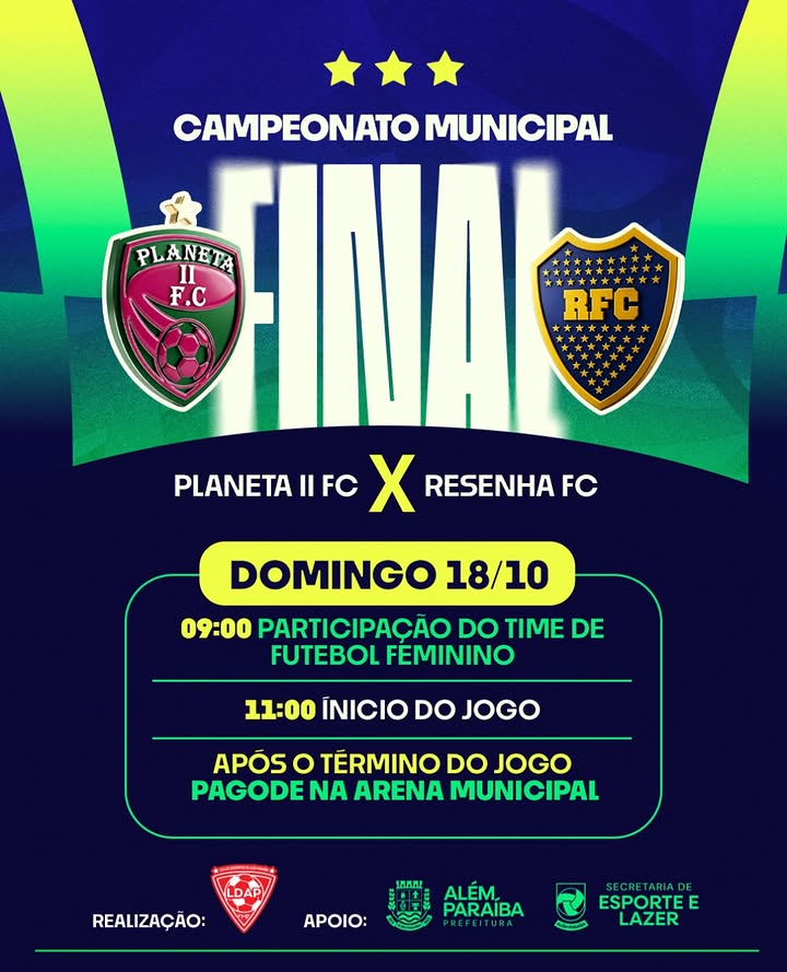 A Prefeitura Municipal de Além Paraíba, por meio da Secretaria de Esporte e Lazer, convida toda a população para a grande final do Campeonato Municipal de Futebol, entre Planeta II FC x Resenha FC.

📅 Domingo, 18/10
🕘 9h: participação do time de futebol feminino
🕚 11h: início do jogo
Após o término da partida: pagode na Arena Municipal

Venha torcer, prestigiar o esporte local e viver um domingo de muita emoção e confraternização! 💚

#CampeonatoMunicipal #AlémParaíba #EsporteELazer #final