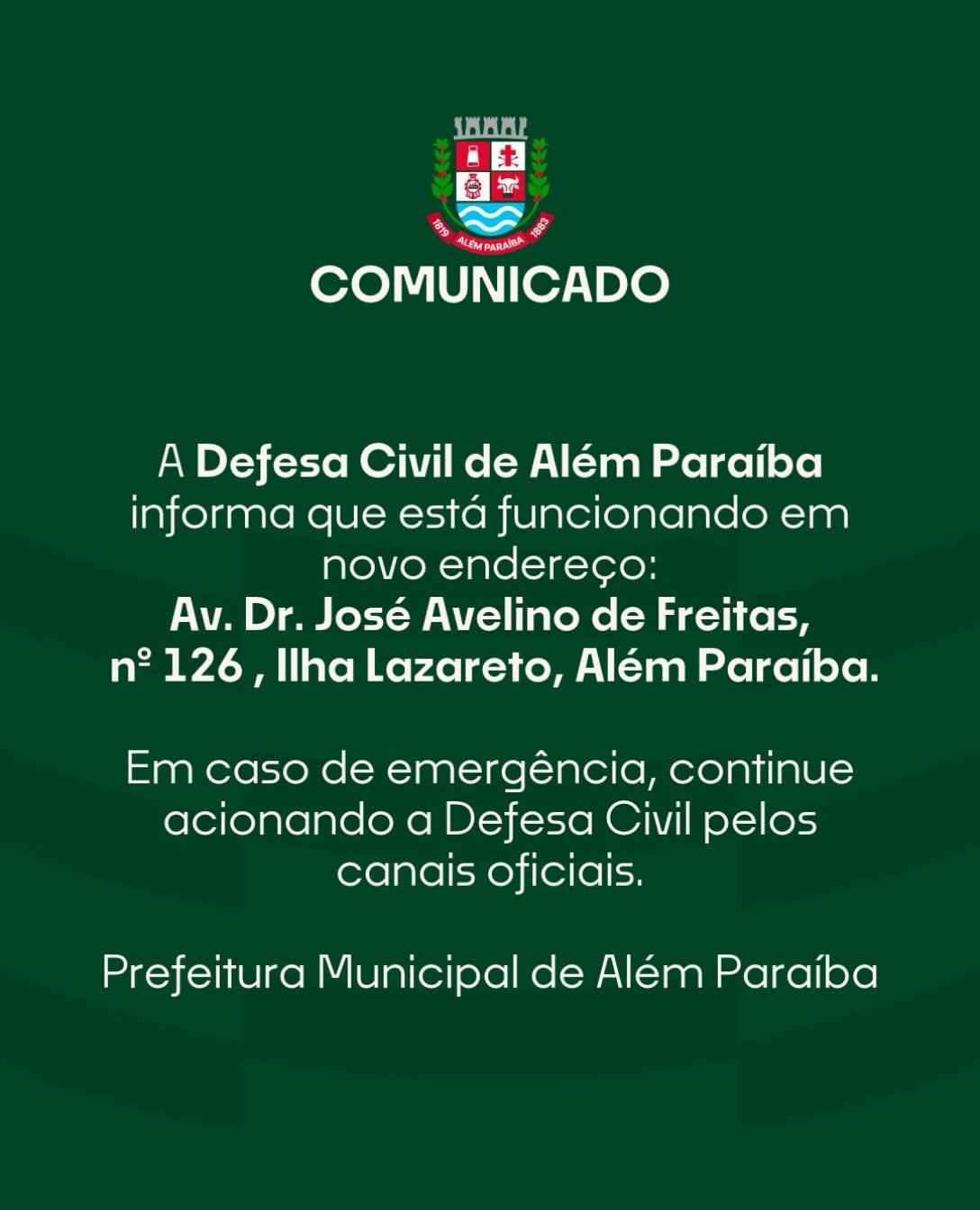 A Defesa Civil de Além Paraíba informa que passou a atender em novo endereço:

Av. Dr. José Avelino de Freitas, nº 126, Ilha Lazareto, Além Paraíba.

Em caso de emergência, continue acionando a Defesa Civil pelos canais oficiais.

Prefeitura Municipal de Além Paraíba